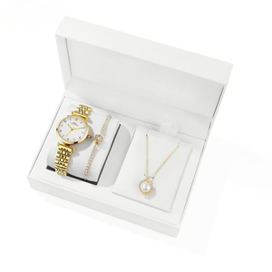 Ensemble de montres pour femmes de luxe en 3 pièces, montre en acier inoxydable doré à quartz, collier avec pendentif en perle et bracelet en cristal, ensemble cadeau élégant - Product Image 5