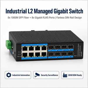 Switch Ethernet industriel 8 ports GE + 8 ports SFP géré L2, switch fibre optique Gigabit 32 Gbit/s, montage sur rail DIN, sans ventilateur - Product Image 1