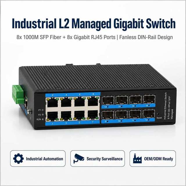 Industrial Ethernet Switch 8 Port GE + 8 Port SFP Managed L2 Gigabit Fiber Optic Switch 32Gbps DIN Rail Fanless
