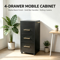 Armoire de rangement à roulettes avec 4 tiroirs, poignées dorées, roulettes, finition noir mat pour salon de coiffure, barbier, spa, studio de manucure