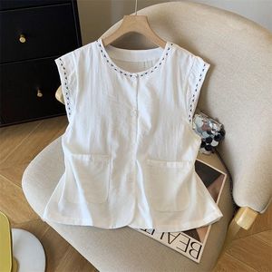 Women's Sleeveless Cotton <b>Linen</b> Vest Yellow Round Neck Button Front Breathable Summer <b>Top</b> - Product Image 2