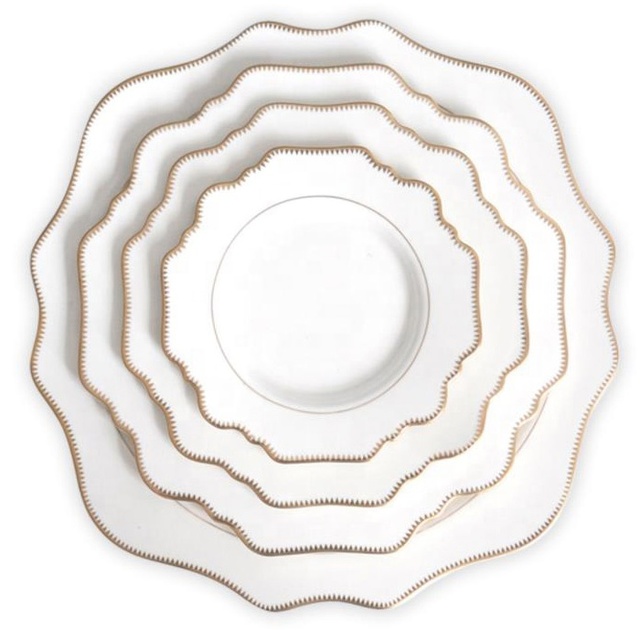 Hotel Scalloped Sawtooth Gold Rim Wedding Porcelain Charger Plates Set of 4