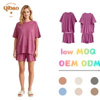 Ensemble côtelé rayé pour femme : Haut ample à manches courtes et col rond & Short à taille élastique – Tenue décontractée 2 pièces en coton doux et respirant