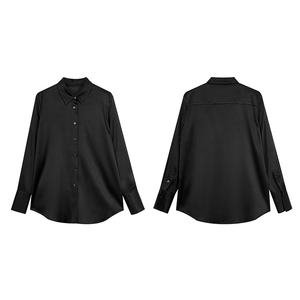 Top di camicette di camicie di <span class=keywords><strong>seta</strong></span> di gelso puro 100% con logo personalizzato allentato nero con maniche lunghe - Product Image 5