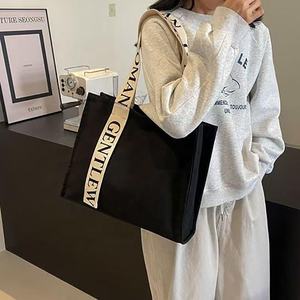 Büyük kapasiteli kadınlar fildişi bej siyah pamuk tuval omuz hediye Tote alışveriş saplı çanta baskı logosu - Product Image 3