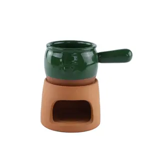 Terracotta Kitchen Fondue Pot Set, Glazed Ceramic Chocolate or Cheese Fondue Set