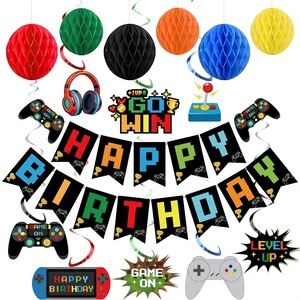 Kit de Decoración de Papel para Fiesta de <span class=keywords><strong>Cumpleaños</strong></span> con Temática de Videojuegos, Incluye Pancarta de <span class=keywords><strong>Feliz</strong></span> <span class=keywords><strong>Cumpleaños</strong></span>, Espirales Colgantes, Globos de Panal y Trofeos para Niños - Product Image 1