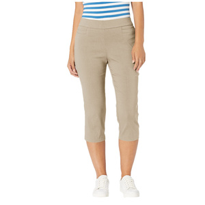 Pantalon Capri en toile respirant décontracté pour <span class=keywords><strong>femme</strong></span>, <span class=keywords><strong>taille</strong></span> haute élastique, longueur mollet, coupe droite unie avec poches, idéal pour l'été - Product Image 1