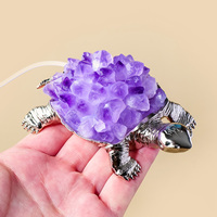Veilleuse Tortue en Pierre Naturelle Brute avec Base Argentée, Alimentation USB, pour Décoration de Chambre, Artisanat en Cristal - Vente en Gros