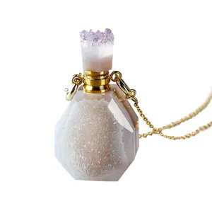 Agate Druzy Perfume Bottle Pendant Natural Stone Geode Potion Bottle Pendant Gold Silver Plated Connectors For Necklace Making
