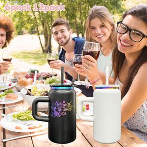 Lot de 6 canettes isothermes en acier inoxydable avec logo personnalisé, revêtement poudré, finition arc-en-ciel, 16 oz, avec poignée, pour gravure laser - Product Image 1