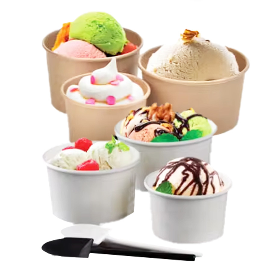 Custom Logo Printed Paper Cup Recyclable Takeaway Dessert Ice Cream Cup With Clear Dome Lid