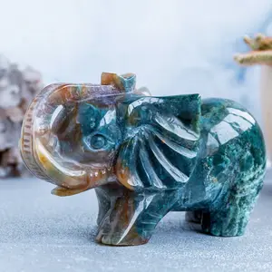 Artisanat folklorique naturel sculpté à la main, pierre de guérison en cristal d'éléphant de jaspe d'océan reiki pour la décoration de la maison, vente en gros
