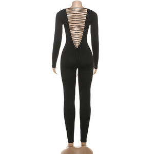 2026 Producto de tendencia <span class=keywords><strong>Escote</strong></span> en U Manga larga Color negro sólido Apretado Sin espalda Vendaje Bodycon Sexy Monos de una pieza - Product Image 6