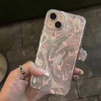 Coque de téléphone antichoc souple en TPU avec pendentif grande ouverture brodé de papillons et de fleurs de dessin animé pour 17 Pro Max/16/15/14