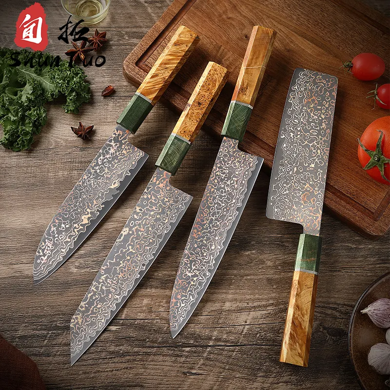 Conjunto de facas santoku de cobre para sashimi e caramelo, 4 peças, colorido, preto e rosa, com caixa de presente, para damasco, comida e sashimi