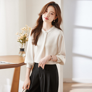 French Style Women's Chiffon Blouse White Black Solid Color Stand Collar Loose Fit Everyday Shirt Q105 - Product Image 3