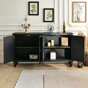 INNOVA HOME Farmhouse Dinning Room Handmade Wood Carved <strong>Black</strong> Rustic Living Room Storage <strong>Side</strong> <strong>Cabinet</strong> with 4 Doors - Product Image 4