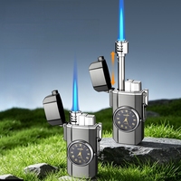 Briquet à allumage direct à flamme bleue en alliage, étanche au vent, télescopique, avec montre à quartz intégrée, anti-brûlure, allumage à une touche