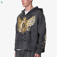 Sweat-shirt oversize vintage baroque pour homme, gris foncé, imprimé ailes dorées, fermeture éclair, capuche
