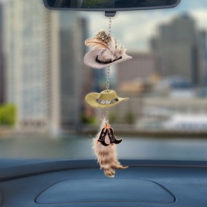 Nabao Road Cowboy Hat Car Pendant Polyester Denim <b>Feather</b> Style Rearview Mirror Accessory Small Hat Decor - Product Image 2