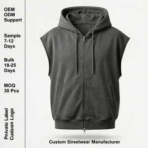 Sudadera con capucha sin mangas de forro polar grueso de doble capa con cremallera completa, estilo estético, para gimnasio, color negro lavado, de corte oversize - Product Image 1