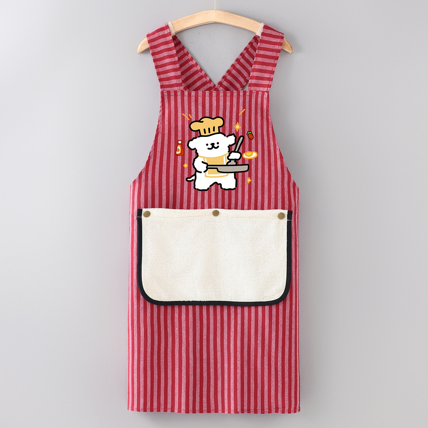 Toalla de cocina de algodón a rayas con diseño de perro rojo, correa removible.
