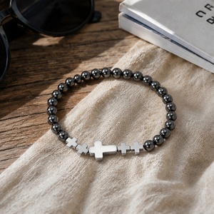 Bracciale da uomo Go2boho <span class=keywords><strong>con</strong></span> <span class=keywords><strong>perline</strong></span> <span class=keywords><strong>e</strong></span> croce, perle finte <span class=keywords><strong>e</strong></span> acciaio inossidabile placcato argento, gioiello regalo cristiano - Product Image 3