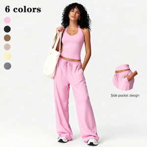 Ensemble de yoga doux et moelleux pour <span class=keywords><strong>femme</strong></span>, soutien-gorge de <span class=keywords><strong>sport</strong></span> dos nu à col halter et pantalon large, tenue athleisure 2 pièces à séchage rapide - Product Image 2