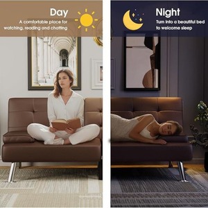 Sofá cama futón plegable moderno salón reclinable convertible para sala de estar con 2 portavasos, reposabrazos extraíbles de cuero PU - Product Image 2