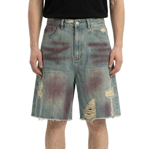 TOPSHOW Short Baggy Homme en Jean Brut Délavé Foncé Effet Vieilli et Déchiré, Style Vintage, Dessiné à <span class=keywords><strong>la</strong></span> Main, Idéal pour l'Été - Product Image 1