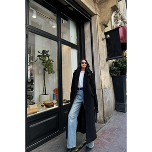 Manteau en laine d'alpaga noir avec décoration à motifs, en cuir pour l'hiver, chaud, avec fermeture à ceinture et fourrure de mouton - Product Image 2