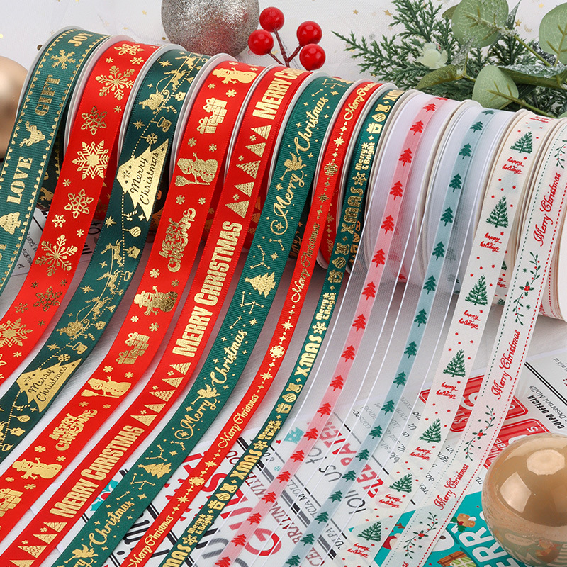 New Christmas Gift Ribbons Wrapping Ribbons New Ribbed Webbing Christmas Gift Box Gold Foil Stamped Tying Ribbons