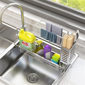 Kitchen Stainless Steel Double Tier Modern Retractable <b>Sink</b> Drain Basket Towel <b>Storage</b> Rack Punch-Free - Product Image 2