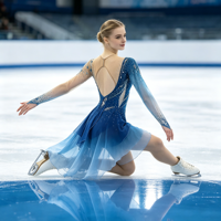Robe de patinage artistique asymétrique à manches longues en maille bleue dégradée avec strass pour enfants et adultes, idéale pour les compétitions et spectacles de patinage sur glace