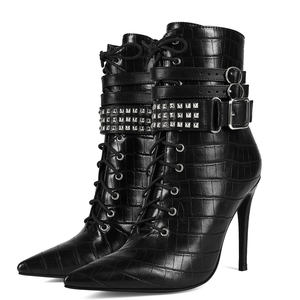 Women Stiletto Thin Heels Short Boots Big Size 47 Front Lace up Rivets Shoes Dress Wide Fit Belt Buckles Ankle <b>Booties</b> - Product Image 3