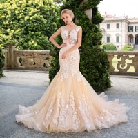 Robe de mariée sirène en dentelle avec traîne chapelle, style bohème royal, en polyester/coton anti-plis, avec queue de poisson détachable