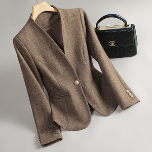 Women's Wool Blazer <b>Coffee</b> Colored Solid Color Anti-Wrinkle Petite Slim Fit Autumn Winter 2024 Style - Product Image 2