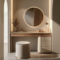 Coiffeuse moderne de luxe en teck massif avec miroir éclairé réglable et tiroirs pour appartement et chambre à coucher