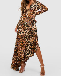 Personnalisé 2024 automne hiver dame une pièce imprimé animal sexy coton à volants à manches longues léopard décontracté robe midi femme vêtements - Product Image 3