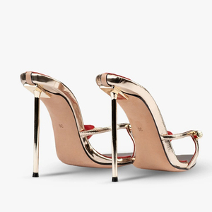 Sandales à talons hauts pour femme, grande taille 45, avec décorations métalliques, bout ouvert pointu, style mules, coupe large, pour soirée - Product Image 2