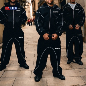 Stitched Piping Two Piece <strong>Tracksuits</strong> Set Custom Heavyweight Fleece Hoodie Streetwear Zip Up Hoodie And Baggy Track Pants Men - Product Image 1