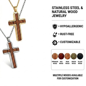 Collier en bois naturel et acier inoxydable pour hommes, lot de 2, pendentif or et argent, bijoux religieux, vente en gros - Product Image 3