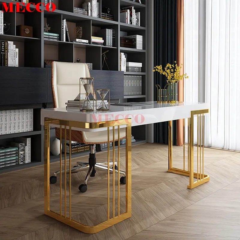 Bureau de bureau moderne en forme de L, mobilier de luxe, or blanc, bureau