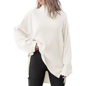 Custom Womens <b>Turtleneck</b> Oversized <b>Sweater</b> Ribbed Knit Side Slit Batwing Sleeve Drop Shoulder Pullover - Product Image 1