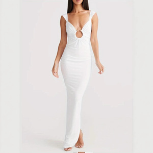 Club <b>Dress</b> Bodycon Slim Fit Long V-neck Hollow Backless Slit <b>Blue</b> Smlxlxxl Europe America - Product Image 3