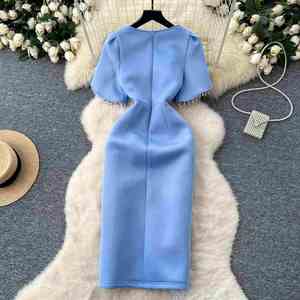 Robe Midi Décontractée Grande Taille Printemps 2025 pour Femme, Col Carré, Imprimé Numérique Tissé, Fendue, Coupe Empire, Ornée de Perles, Pompons et Dentelle, Style Bodycon - Product Image 4