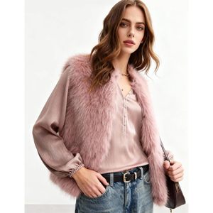 Gilet en fausse fourrure pour femme, sans manches, duveteux, ouvert sur le devant, vêtement d'extérieur d'hiver, rose, veste en fausse fourrure, cardigan, haut - Product Image 3