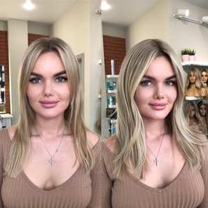 Cheveux vierges blonds avec mèches balayage, ombré blond, clip-in, base en soie nouée à la main, toupet avec frange pour femmes, certifié casher juif - Product Image 5