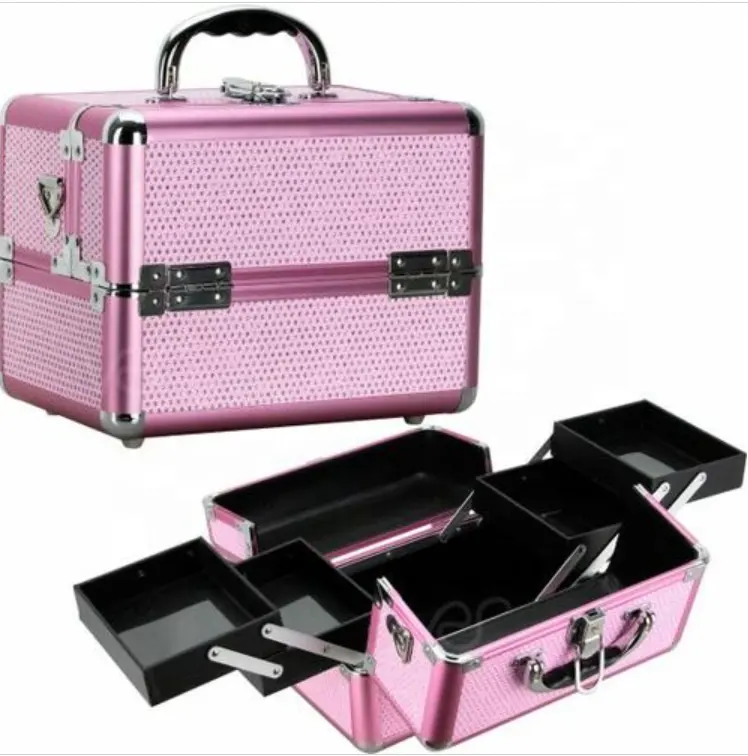 Valigia per trucco in alluminio con diamante rosa Beauty con custodia cosmetica personalizzata Mini scatola per trucco a specchio